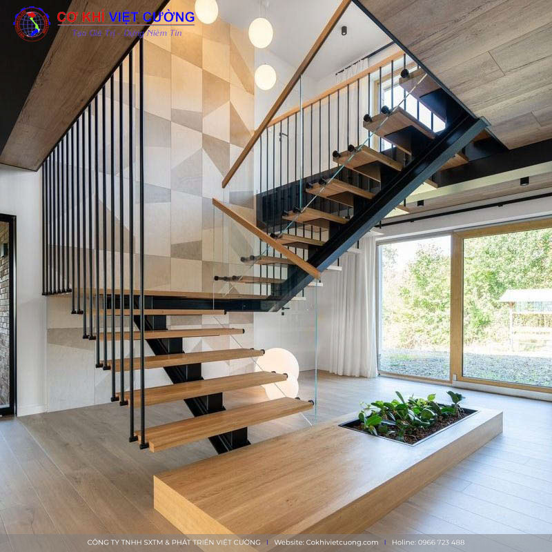 Mẫu cầu thang sắt và gỗ đẹp cho nhà vườn