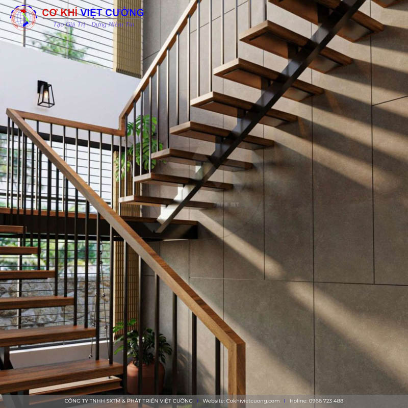Mẫu cầu thang sắt và gỗ đẹp cho nhà vườn